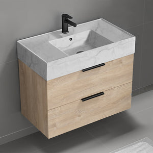 Modern Bathroom Vanity With Marble Design Sink, Wall Mounted, Single, 32", Brown Oak
