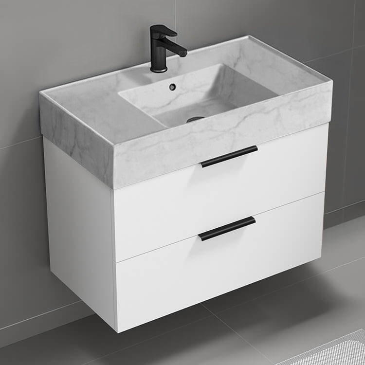 32" Bathroom Vanity With Marble Design Sink, Modern, Wall Mount, Glossy White