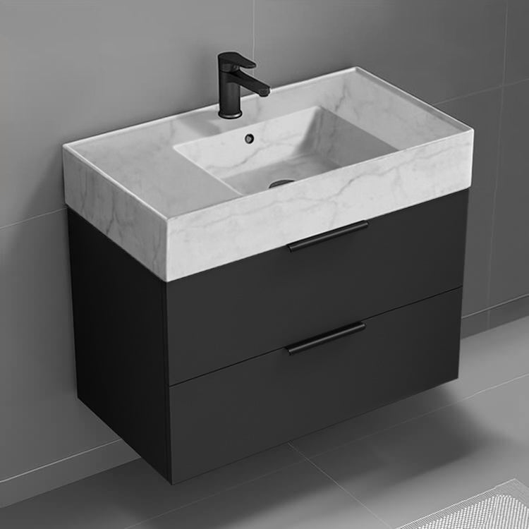 Black Bathroom Vanity With Marble Design Sink, Modern, 32"