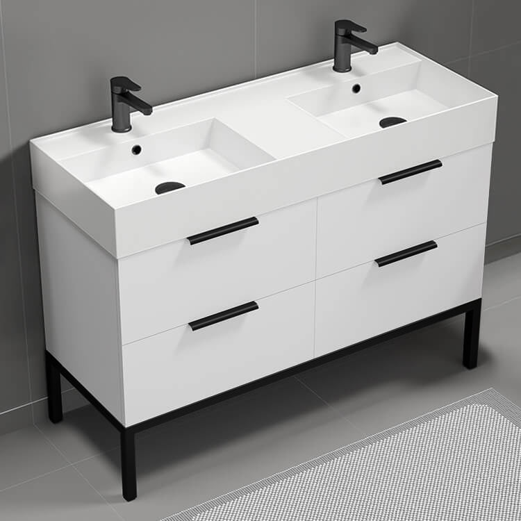 48" Bathroom Vanity, Double Sink, Free Standing, Modern, Glossy White