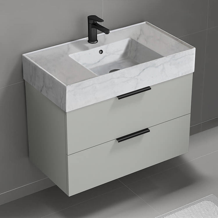 Wall Mounted Bathroom Vanity With Marble Design Sink, Modern, 32", Grey Mist