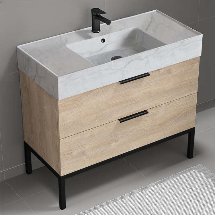 Modern Bathroom Vanity With Marble Design Sink, Floor Standing, 40", Brown Oak
