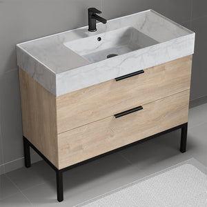 Modern Bathroom Vanity With Marble Design Sink, Floor Standing, 40", Brown Oak