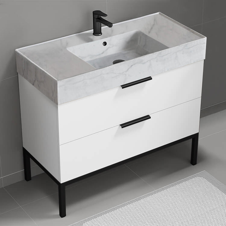 Modern Bathroom Vanity With Marble Design Sink, 40", Glossy White