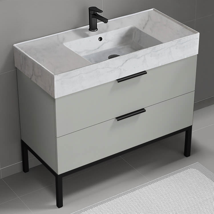 Free Standing Bathroom Vanity With Marble Design Sink, Modern, 40", Grey Mist