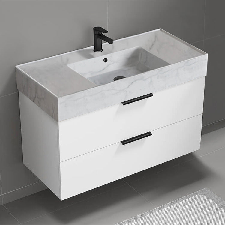 Floating Bathroom Vanity With Marble Design Sink, Modern, 40", Glossy White