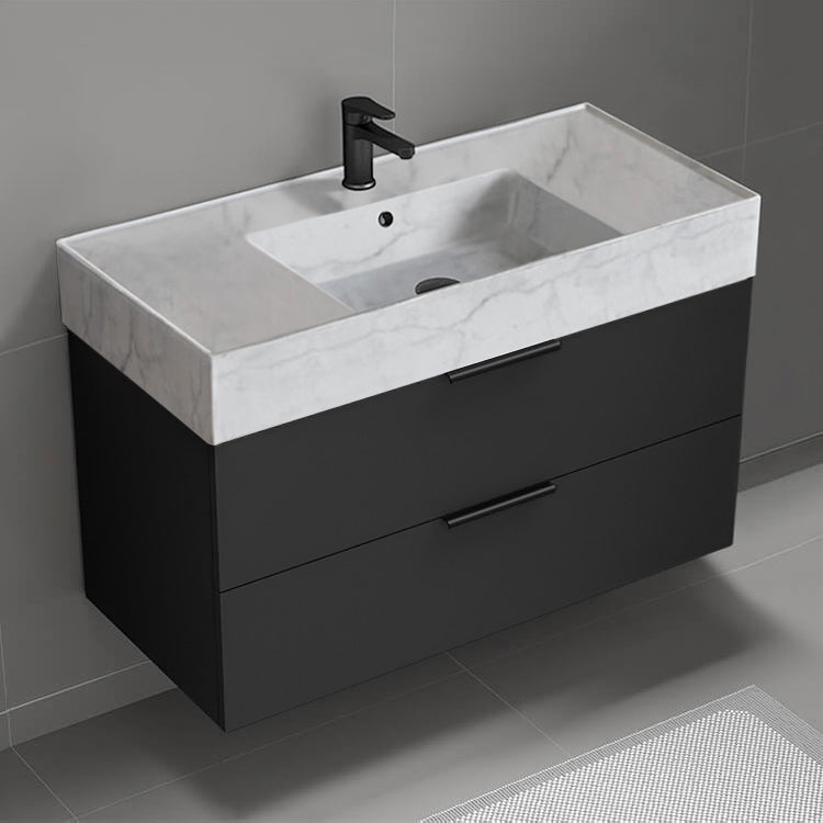 Wall Mounted Bathroom Vanity With Marble Design Sink, Modern, Single, 40", Matte Black