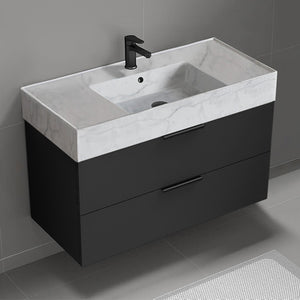 Wall Mounted Bathroom Vanity With Marble Design Sink, Modern, Single, 40", Matte Black