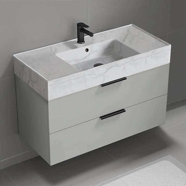 40" Bathroom Vanity With Marble Design Sink, Wall Mounted, Grey Mist