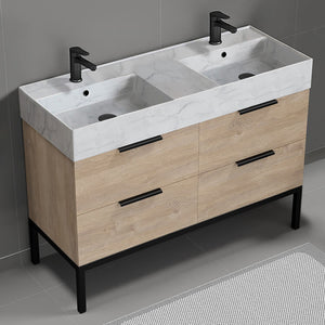 Double Bathroom Vanity With Marble Design Sink, Floor Standing, 48", Brown Oak