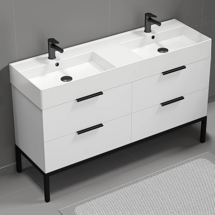 56" Bathroom Vanity, Double Sink, Free Standing, Modern, Glossy White