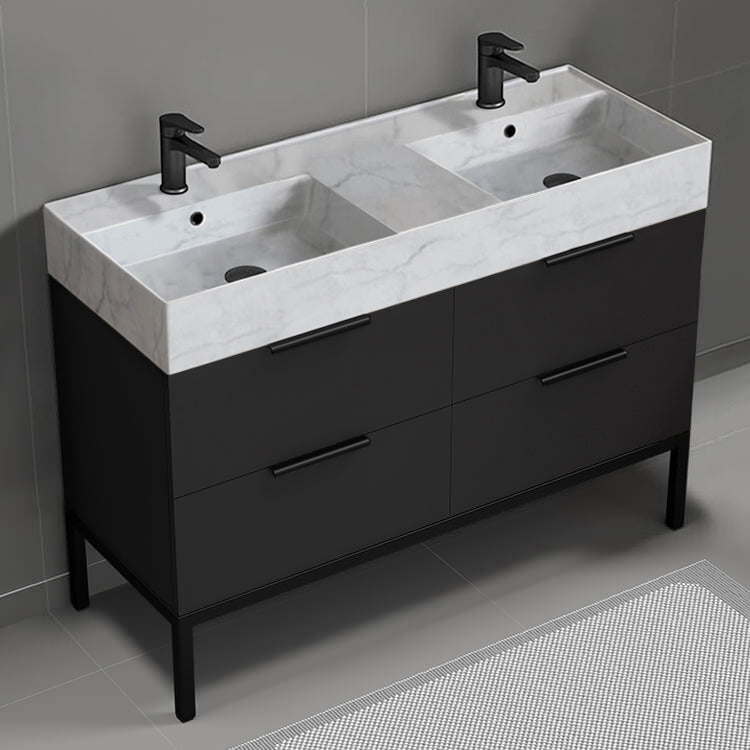 48" Bathroom Vanity With Marble Design Sink, Double Sink, Modern, Floor Standing, Matte Black