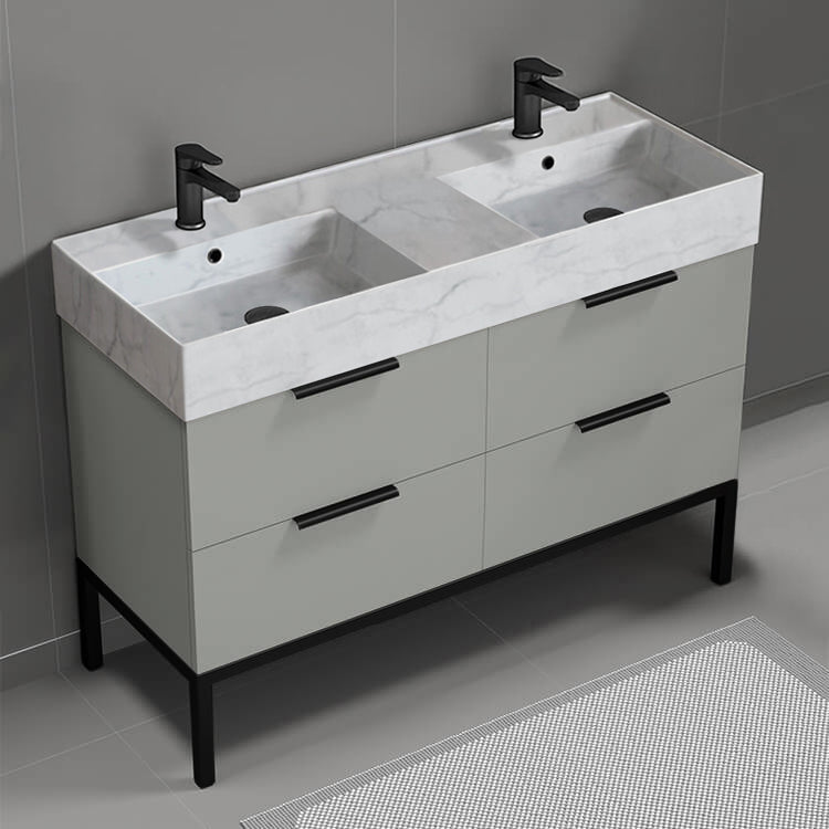 Double Bathroom Vanity With Marble Design Sink, Free Standing, 48", Grey Mist