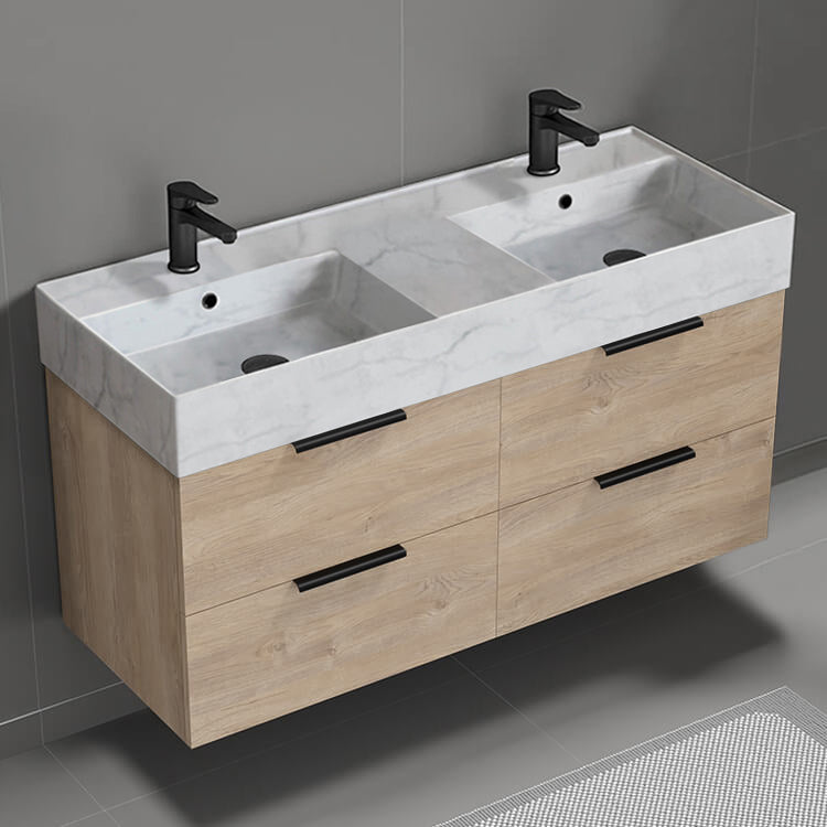 48" Bathroom Vanity With Marble Design Sink, Double Sink, Wall Mount, Modern, Brown Oak