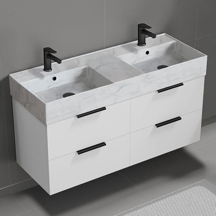 48" Bathroom Vanity With Marble Design Sink, Double Sink, Modern, Wall Mounted, Glossy White