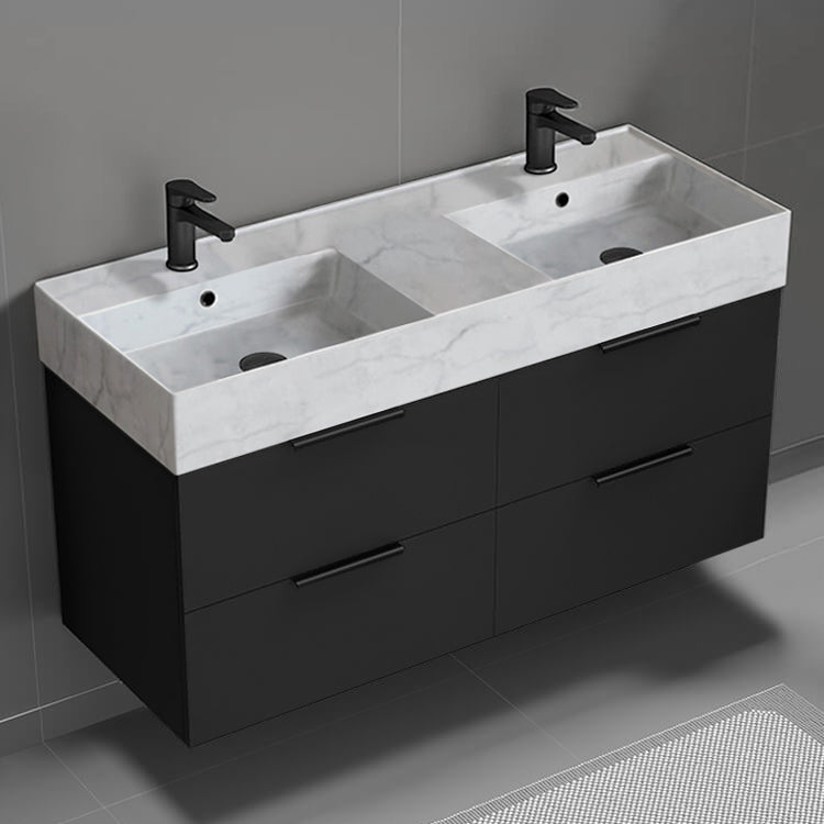 Double Bathroom Vanity With Marble Design Sink, Wall Mount, 48", Matte Black