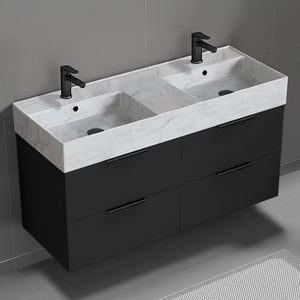 Double Bathroom Vanity With Marble Design Sink, Wall Mount, 48", Matte Black