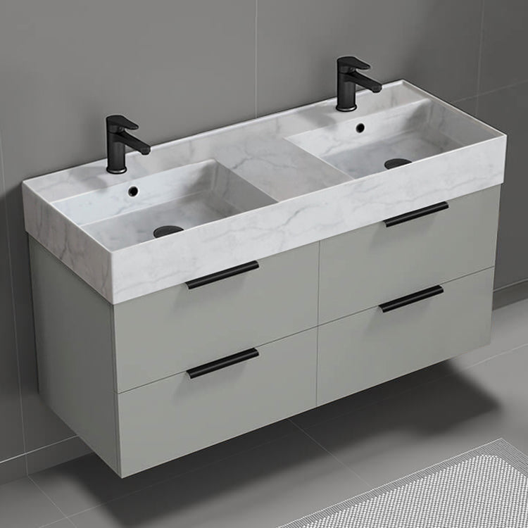 48" Bathroom Vanity With Marble Design Sink, Double Sink, Floating, Modern, Grey Mist