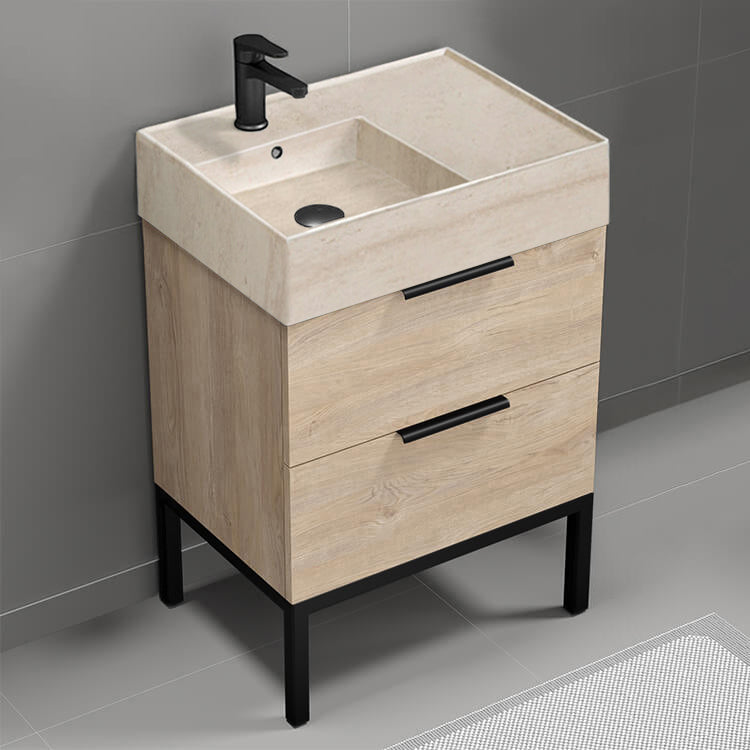 Modern Bathroom Vanity With Beige Travertine Design Sink, Free Standing, 24", Brown Oak