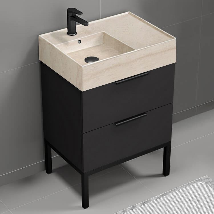 Modern Bathroom Vanity With Beige Travertine Design Sink, Free Standing, 24", Matte Black