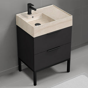 Modern Bathroom Vanity With Beige Travertine Design Sink, Free Standing, 24", Matte Black