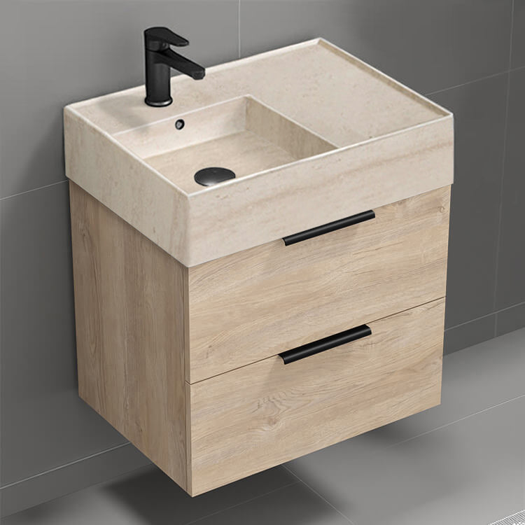 Bathroom Vanity With Beige Travertine Design Sink, Small, 24", Brown Oak