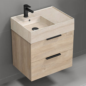Bathroom Vanity With Beige Travertine Design Sink, Small, 24", Brown Oak