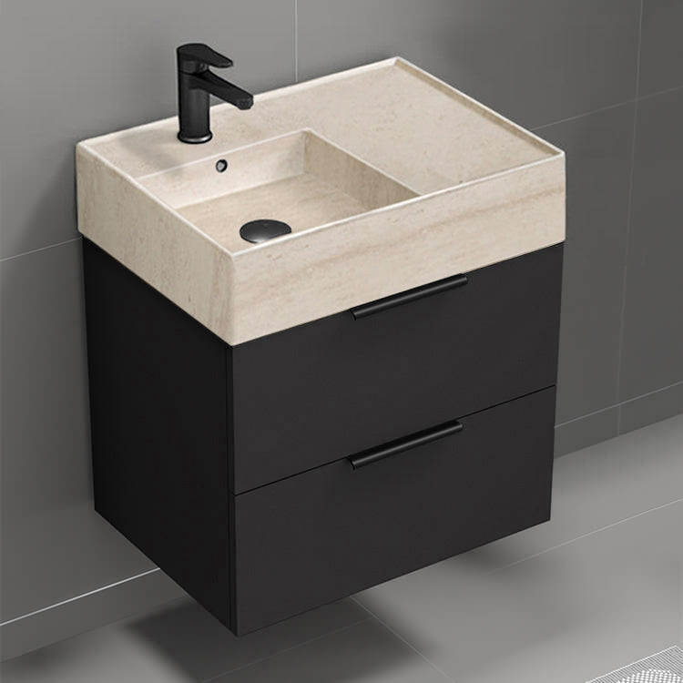 Black Bathroom Vanity With Beige Travertine Design Sink, Modern, Wall Mounted, 24"
