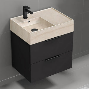 Black Bathroom Vanity With Beige Travertine Design Sink, Modern, Wall Mounted, 24"
