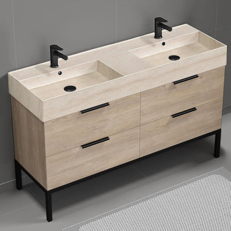 Double Bathroom Vanity With Beige Travertine Design Sink, Floor Standing, 56", Brown Oak
