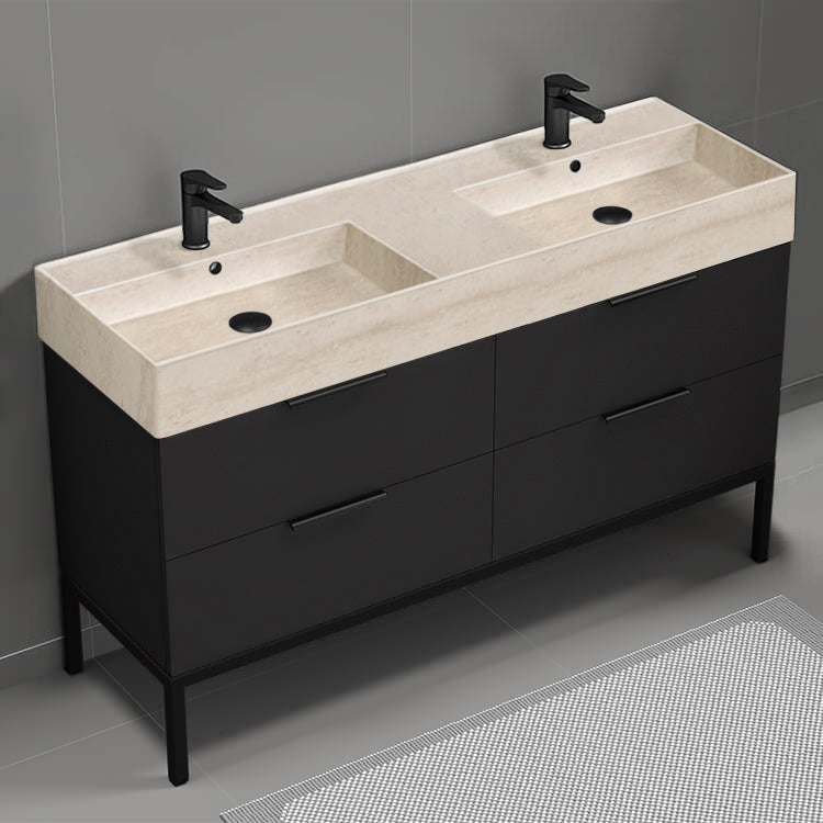Double Bathroom Vanity With Beige Travertine Design Sink, Floor Standing, 56", Matte Black