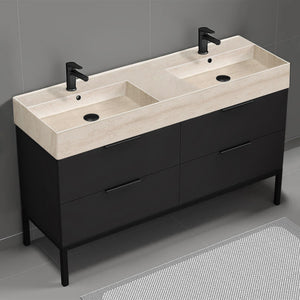 Double Bathroom Vanity With Beige Travertine Design Sink, Floor Standing, 56", Matte Black