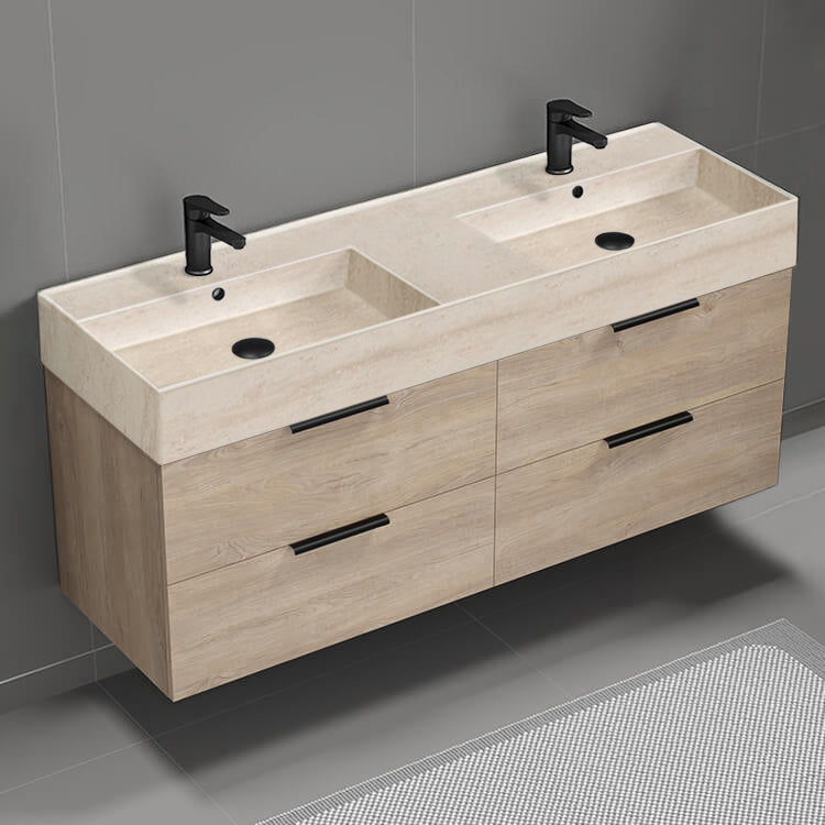 Double Bathroom Vanity With Beige Travertine Design Sink, Wall Mounted, 56", Brown Oak