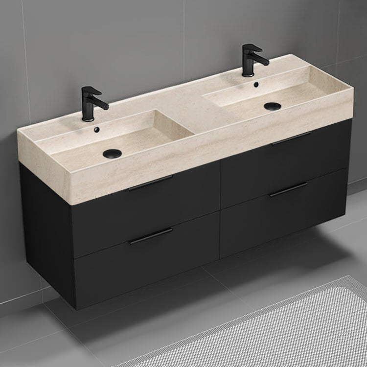 56" Bathroom Vanity With Beige Travertine Design Sink, Double Sink, Wall Mounted, Modern, Matte Black