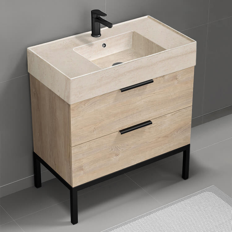 Modern Bathroom Vanity With Beige Travertine Design Sink, Free Standing, 32", Brown Oak