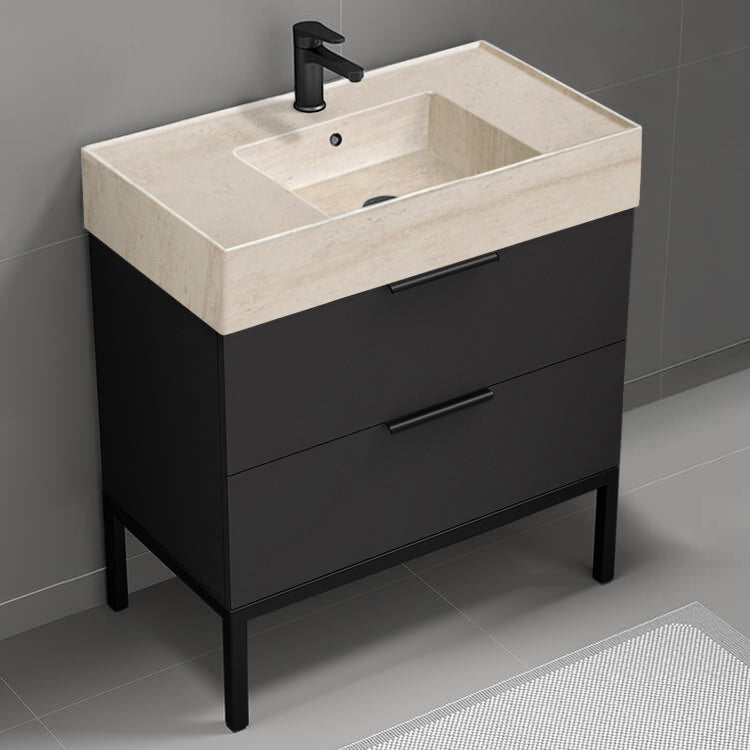 Black Bathroom Vanity With Beige Travertine Design Sink, Modern, Free Standing, 32"