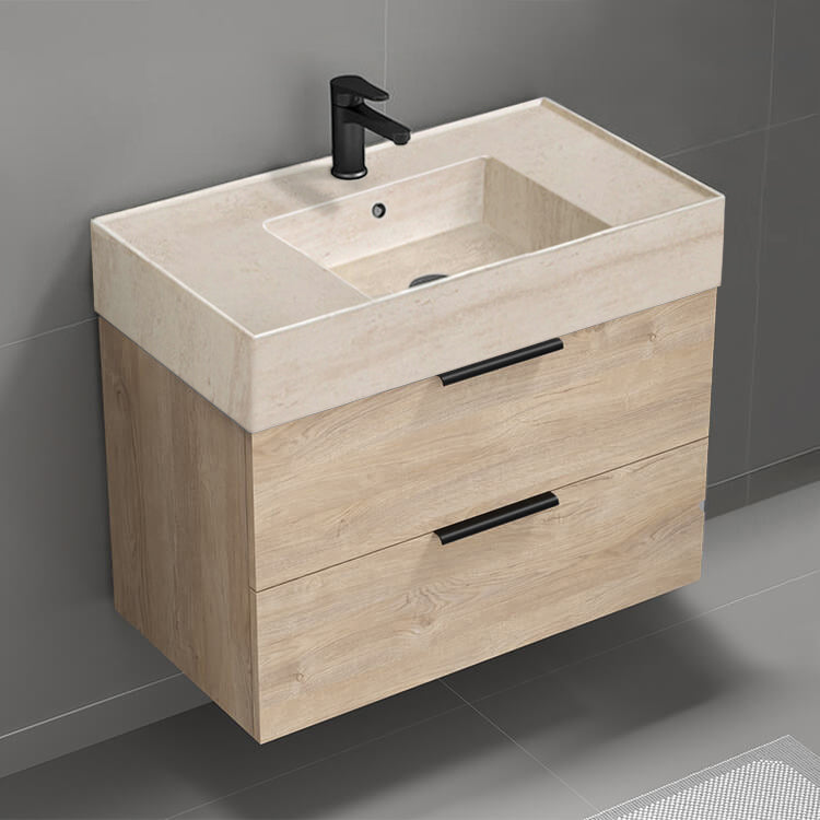 Modern Bathroom Vanity With Beige Travertine Design Sink, Wall Mounted, Single, 32", Brown Oak