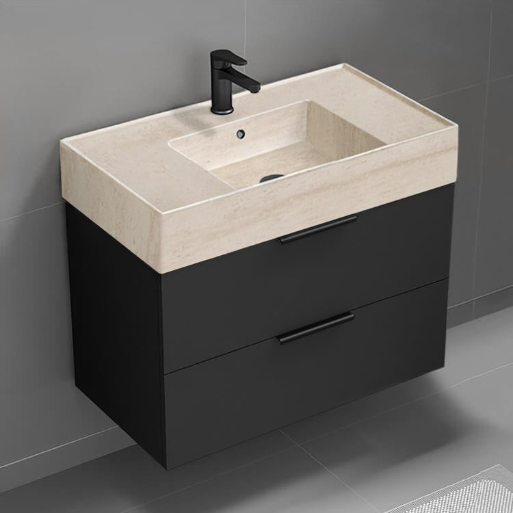 Black Bathroom Vanity With Beige Travertine Design Sink, Floating, Modern, 32"