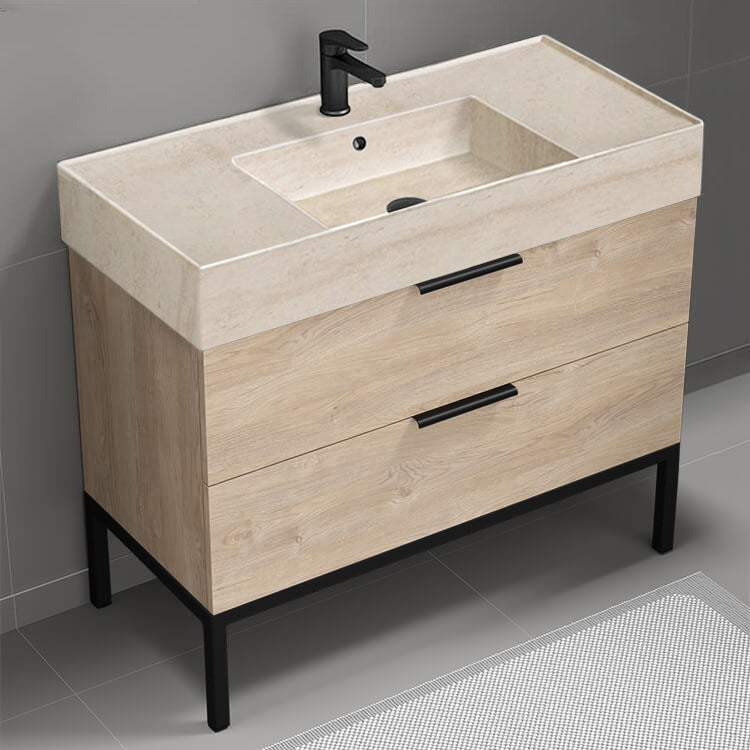 Modern Bathroom Vanity With Beige Travertine Design Sink, Floor Standing, 40", Brown Oak
