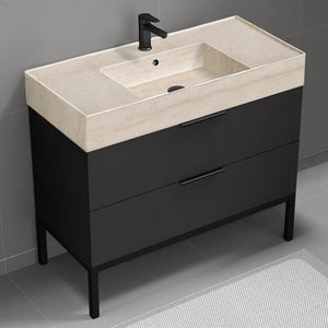 40" Bathroom Vanity With Beige Travertine Design Sink, Floor Standing, Modern, Matte Black