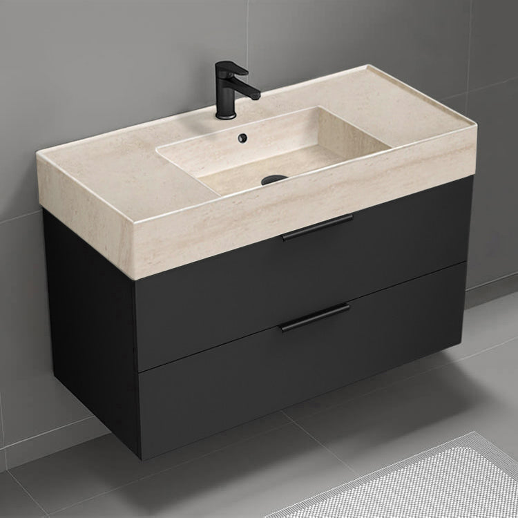 Wall Mounted Bathroom Vanity With Beige Travertine Design Sink, Modern, Single, 40", Matte Black
