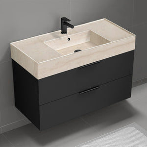 Wall Mounted Bathroom Vanity With Beige Travertine Design Sink, Modern, Single, 40", Matte Black