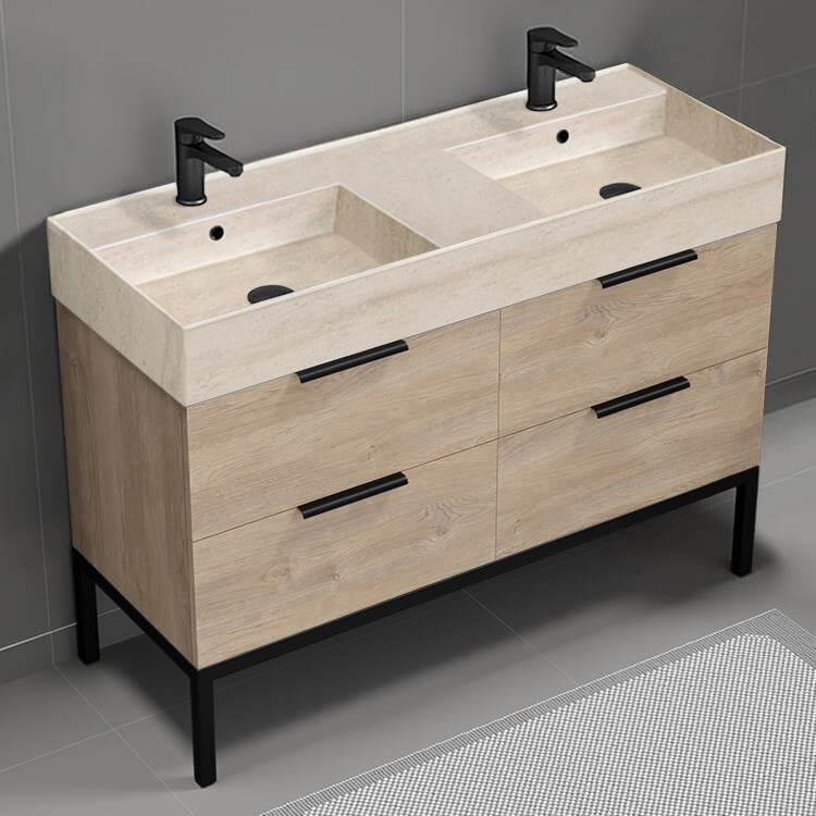 Double Bathroom Vanity With Beige Travertine Design Sink, Floor Standing, 48", Brown Oak