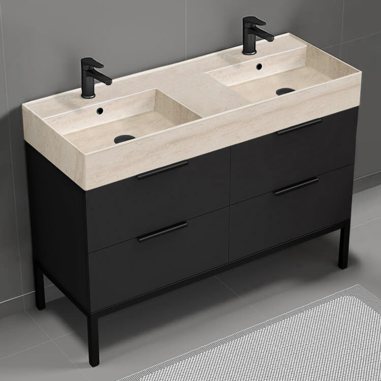 48" Bathroom Vanity With Beige Travertine Design Sink, Double Sink, Modern, Floor Standing, Matte Black