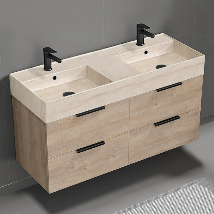 48" Bathroom Vanity With Beige Travertine Design Sink, Double Sink, Wall Mount, Modern, Brown Oak