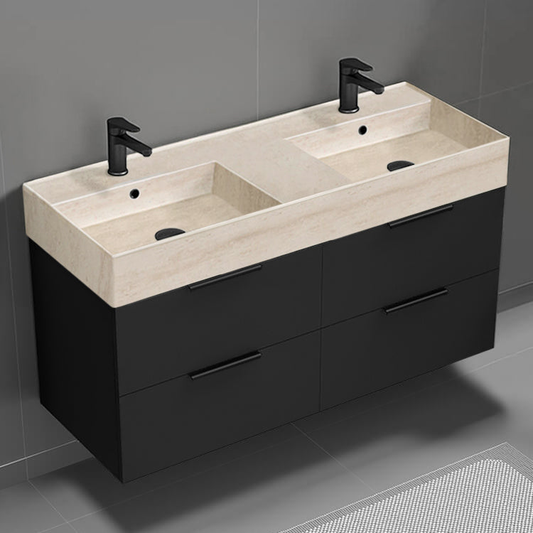 Double Bathroom Vanity With Beige Travertine Design Sink, Wall Mount, 48", Matte Black
