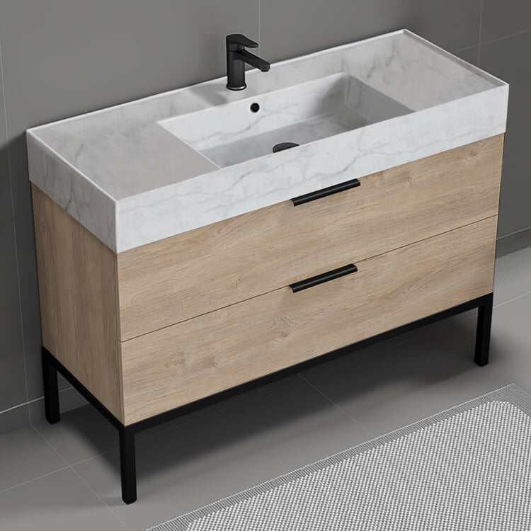 Modern Bathroom Vanity With Marble Design Sink, Free Standing, 48", Brown Oak