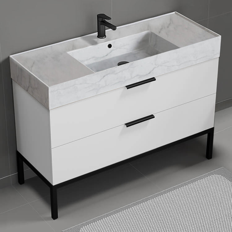 Modern Bathroom Vanity With Marble Design Sink, Floor Standing, 48", Glossy White