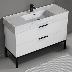 Modern Bathroom Vanity With Marble Design Sink, Floor Standing, 48", Glossy White
