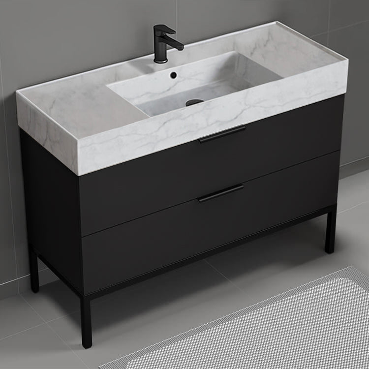 48" Bathroom Vanity With Marble Design Sink, Free Standing, Matte Black
